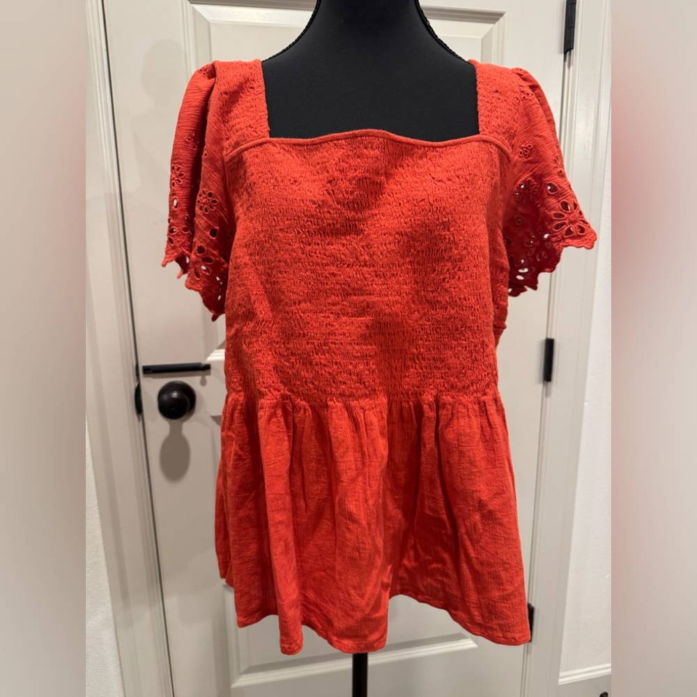 Madewell Coral Smocked Eyelet Blouse